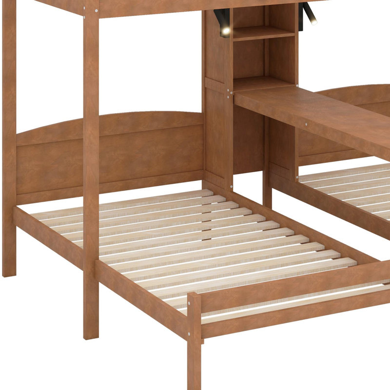 Lit superposé en bois avec bureau et tablettes de rangement, lit superposé triple 3 en 1 avec lampe de lecture à DEL, Naturel