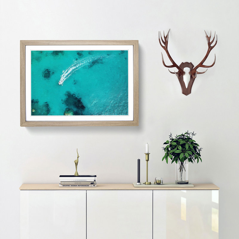 Boat Passing over the Ocean in Corfu Greece - Picture Frame Graphic Art Print, 27cm H x 36cm W x 2cm D, Oak Framed