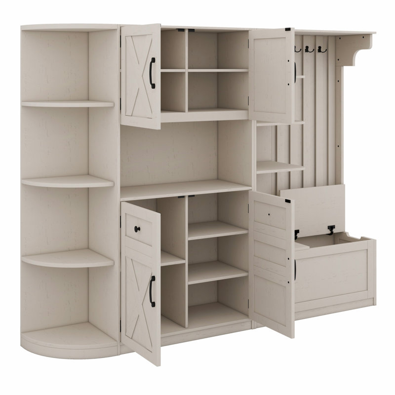 Multifunctional Left-Right Combination Hall Cabinet With Storage And Hooks, Storage Cabinet/ Hall Tree 2 In 1, Antique Beige