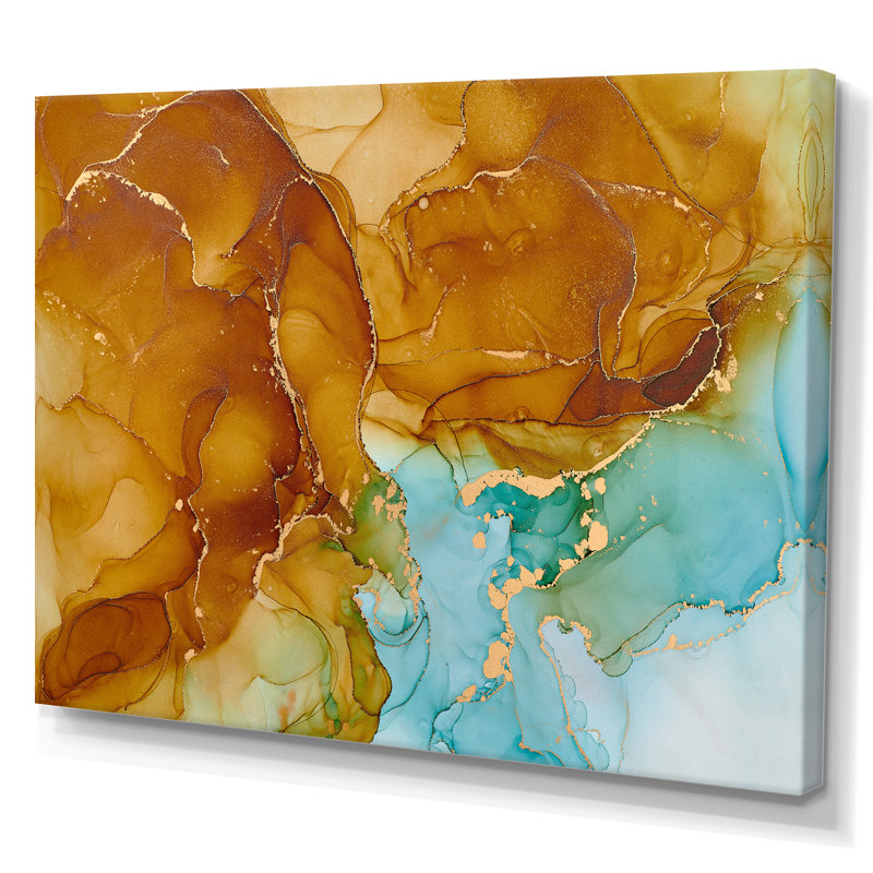 «Brown and Blue Luxury Abstract Fluid V», peinture sur toile, H 12 po x l 20 po x P 1 po, Toile tendue