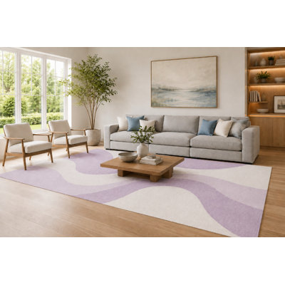 "Ultra Light Weight" Large 6'7" x 9'10"  Lavender and White Modern Wavy Design Area Rug for Living Room, Soft Low Pile Carpet with Non-Slip Silicone Backing, Decor for Bedroom and Home Office