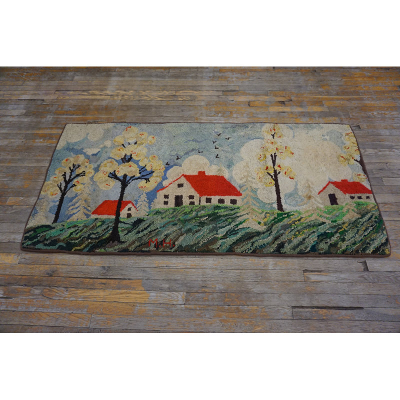 Antique American Scenic Folk Art Farm Cabin Design Hooked Rug