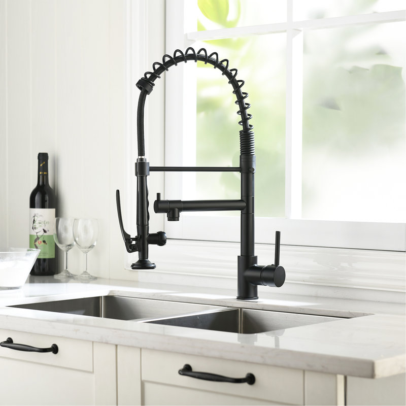 Black And Nickel Kitchen Sink Faucet With Pull Down - Ceramic Filler, Hot Cold Water, , Modern Accessory Style Single Handle, Water Options, Rust-, Contemporary Tap
