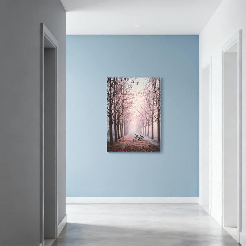 Ensemble de 1 tableau sur toile représentant des arbres d'automne avec un vélo, H 30 po x l 20 po