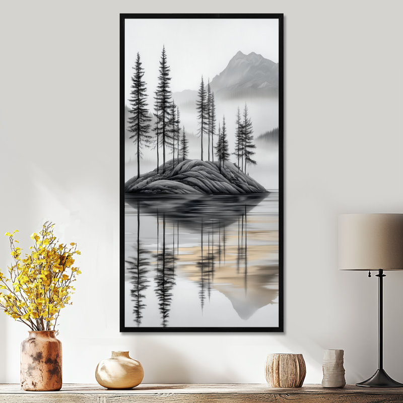 «Gray White Elegant Forest Island View II - Serene», reproduction d'art sur toile encadrée nature, 40" H x 20" W