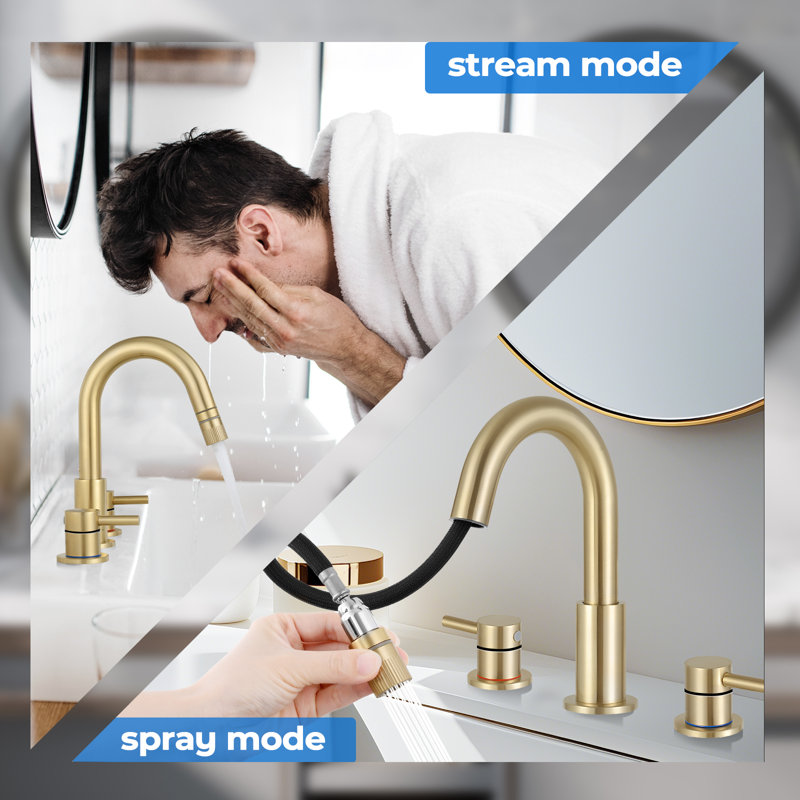 Widespread 2-function Bathroom Faucet with Pull Down Sprayer, with Drain Assembly, Brushed Gold