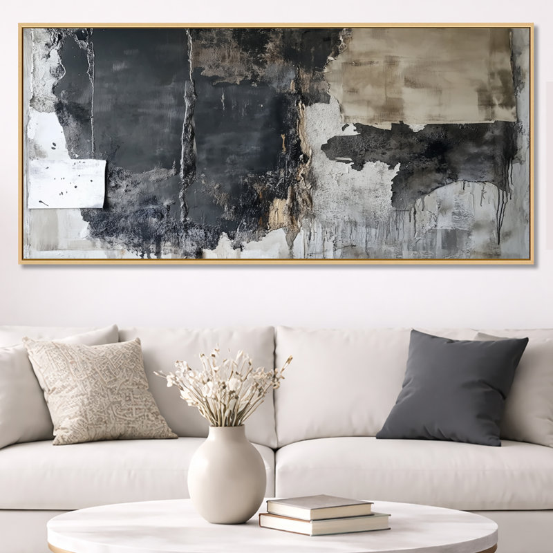 Gris, art mural abstrait noir, toile de collage de dalle, Jeff, H 28 po x l 60 po, Cadre naturel flottant