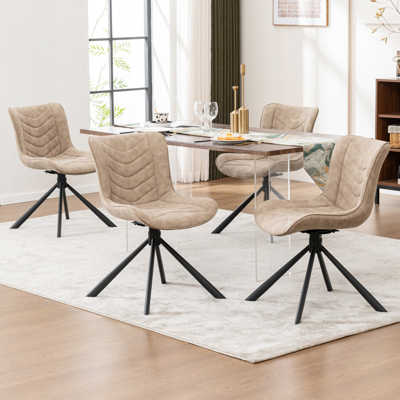 Tufted Swivel Leather Upholstered Dining Chairs Modern Wingback Side Chairs with Metal Legs, Beige