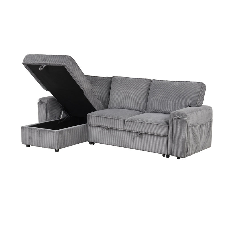 U_STYLE Grey Upholstered Sleeper Sectional Sofa with Storage Bags, Wood Frame, Square Arms