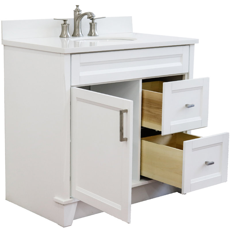 Amedea 37'' Single Bathroom Vanity with Top, White, White Quartz