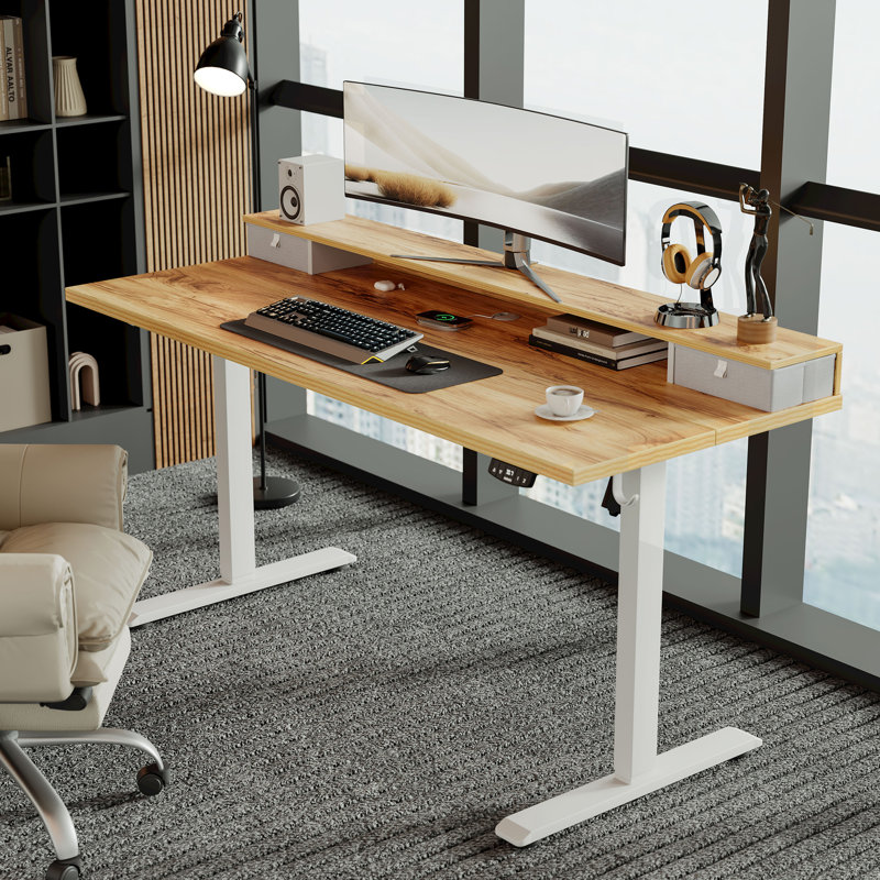Electric Standing Desk With Drawers,Home Office Height Adjustable  Desk with Large Monitor Shelf, White/Light Rustic Brown