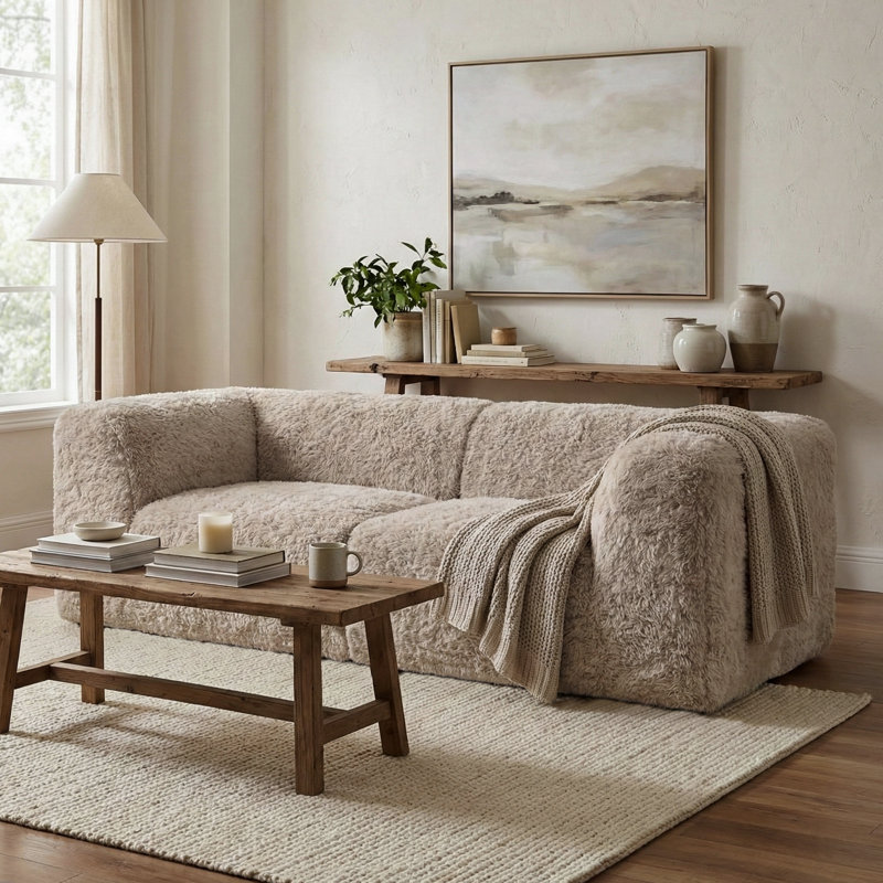 Causeuse modulaire en mousse de fausse fourrure 2 pièces Boneless Cathryn, Taupe