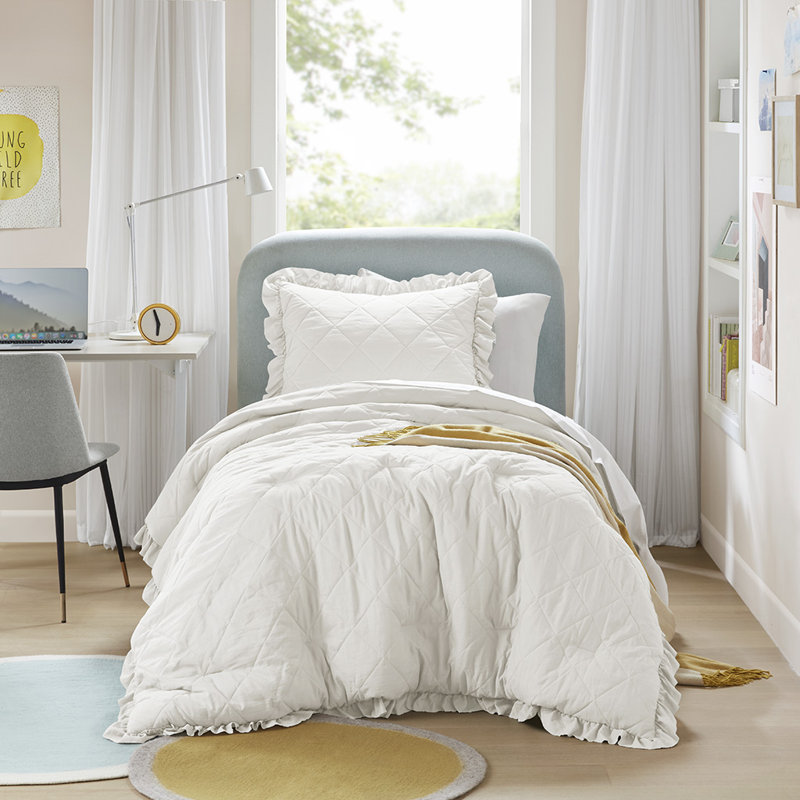 Phoebe Diamond Quilted Ruffle Edge Comforter Set, Ivory, Twin / Twin XL Comforter +1 Standard Sham