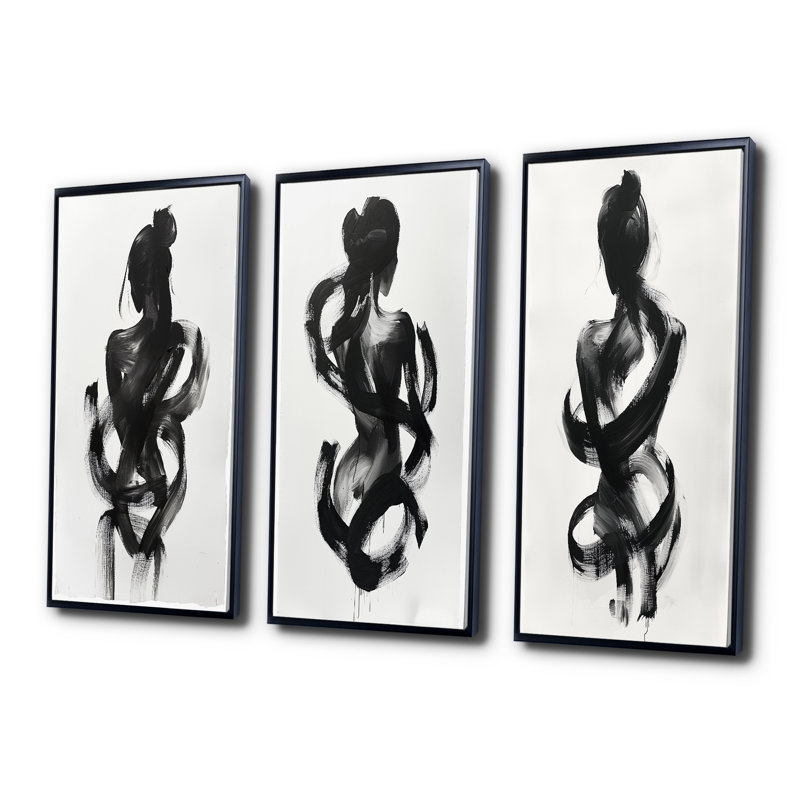 Silhouette de femme minimaliste I - Collection de 3 grands panneaux modernes sur toile, H 32 po x l 48 po, Noir