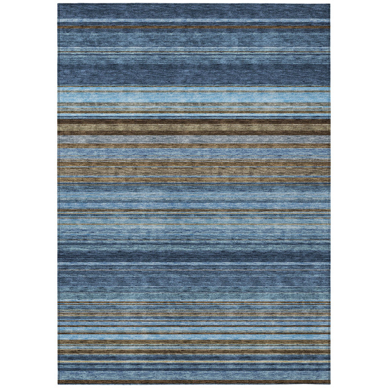 Tapis extérieur lavable rayé bleu marine, bleu ciel et taupe 10 pi x 14 pi