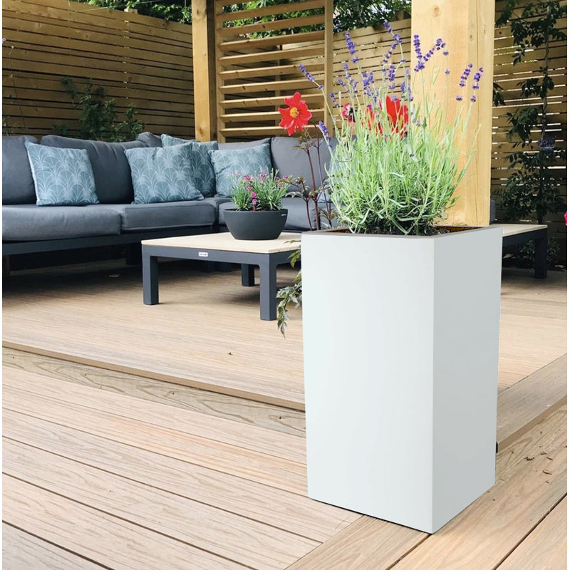 Concrete Effect Tall Planter, Frostproof Outdoor Plant Pot, Tall Garden Planter with Drainage Holes, Tall Square Plant Pot