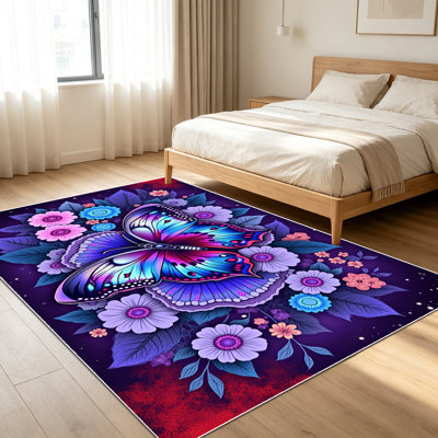 Tapis 1 pièce papillon et floral pour le salon, doux et confortable, convient à toutes les saisons, facile à entretenir, tapis de sol intérieur lavable à la machine, sous la table de ferme convenant à la chambre à coucher, à la salle à manger, au balcon, au patio, au couloir, à la maison