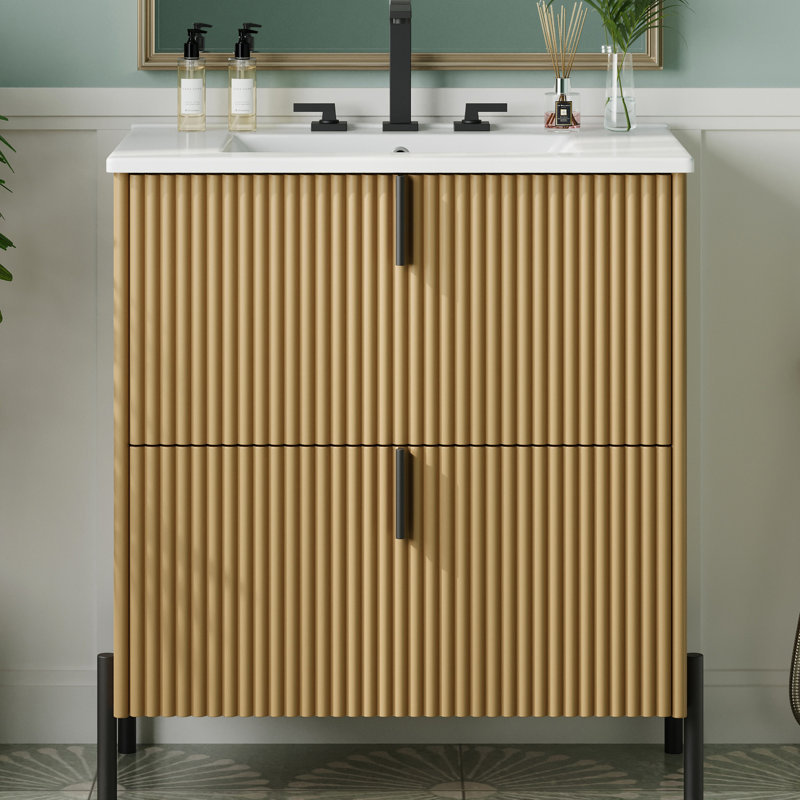 Meuble-lavabo de salle de bain 30 po avec lavabo en céramique, tiroir extensible et esthétique cannelée artisanale pour espaces de chalets modernes. Tiroirs autoportants, mécanisme à fermeture douce. Salles de bain de luxe.