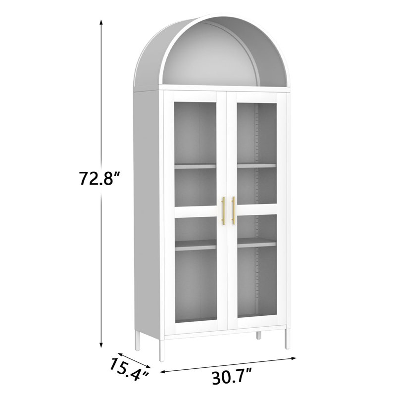 Modern Arched Display Bookcase Cabinet White 73 Inch Tall Storage Organizer with Glass Doors and Adjustable Shelves for Home