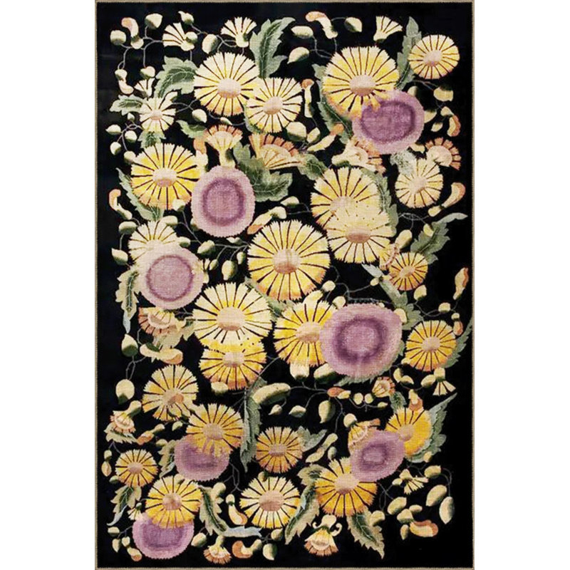 Tapis décoratif moderne à motif floral noir et jaune, Rectangle 5 pi 2 po x 7 pi 7 po