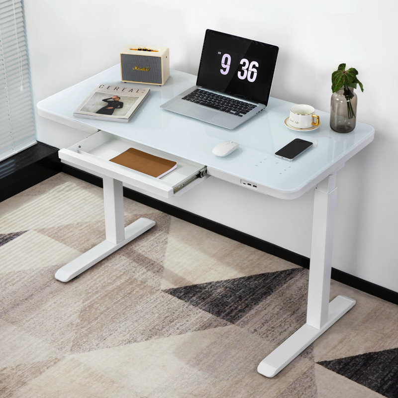 White Adjustable Height Standing Desk with Glass Top and Drawer