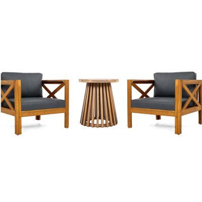Patio Conversation Set, Outdoor Wood Leisure Seat(Set of 2),Armchair with Cushions,Acacia Wood Patio Side Table,for Backyard, Lawn, Balcony,Teak Finish,Dark Grey cushion