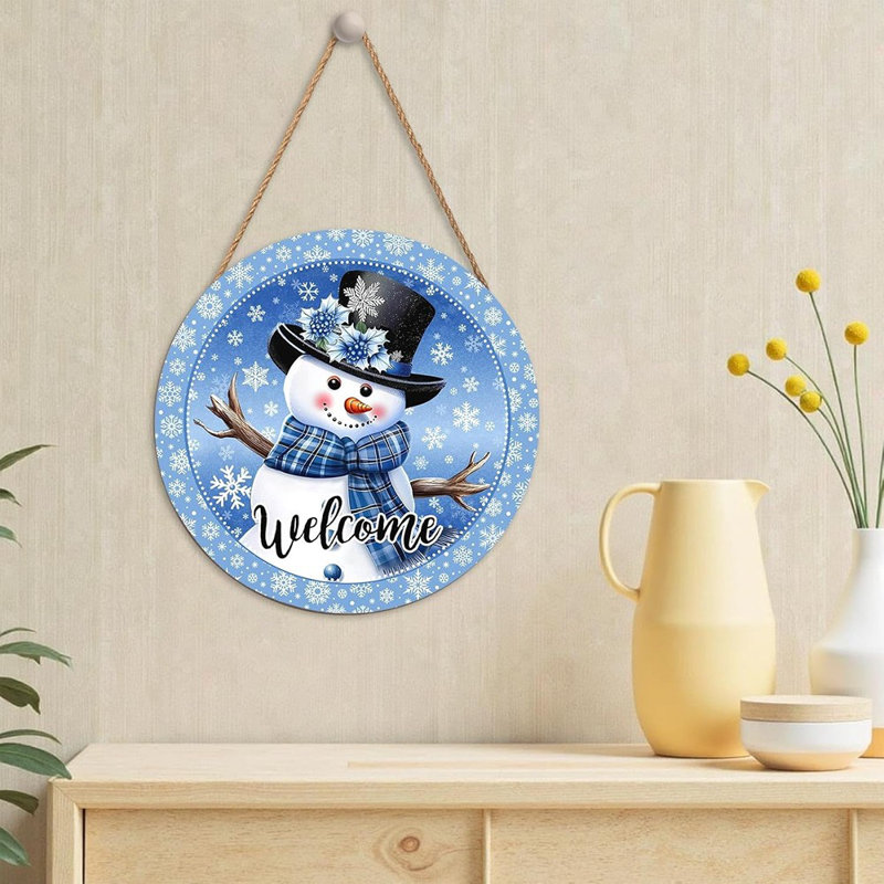 Enseigne de bienvenue - bleu - bonhomme de neige 12 po x 12 po et enseigne de porte d'entrée flocon de neige, décoration murale ou porche de vacances rustique