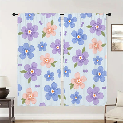 2Pcs Colorful Floral Pattern Curtains, Pastel Flowers Print Rod Pocket Window Drapes, Modern aesthetic Room Decor for Living Bedroom Kitchen Office