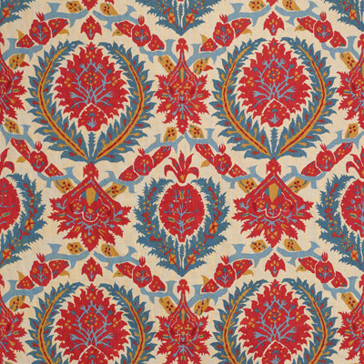 Les Alizes Zenobia Linen Performance Fabric, Pompeian Red/Blue