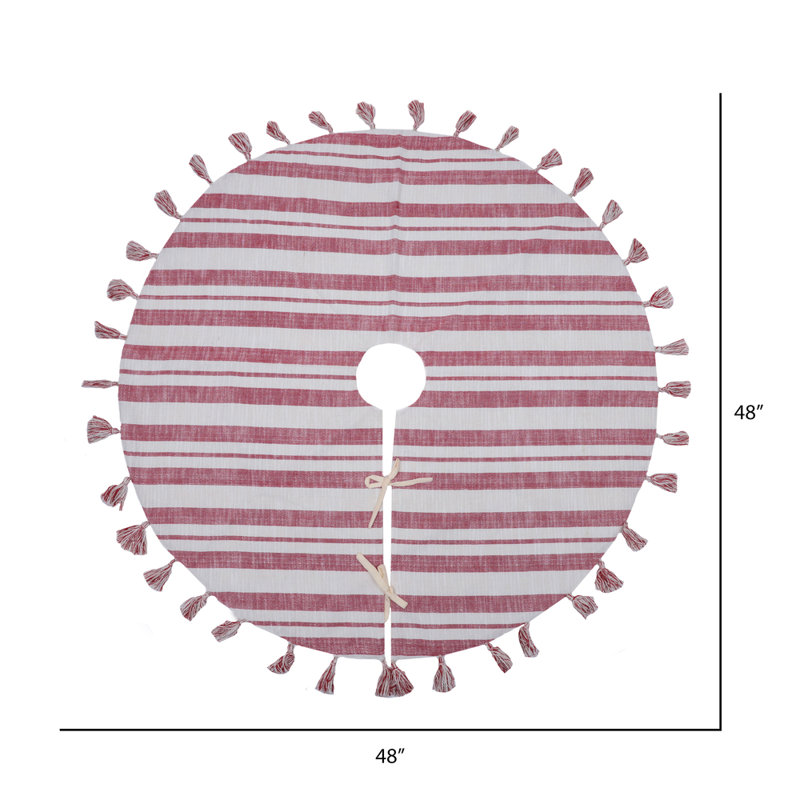 Red and White Striped Cotton Christmas Tree Skirt with Tassels