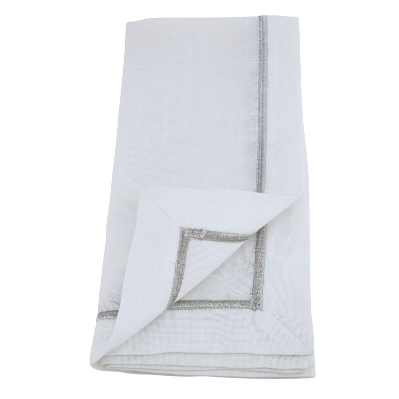 White and Silver Embroidered Polyester Dinner Napkin Set
