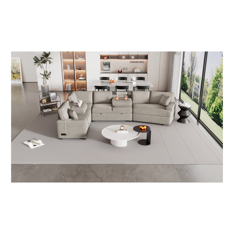 Canapé-lit modulaire en forme de L 126 po avec canapé-lit et dispositif de charge pour porte-gobelets, Beige