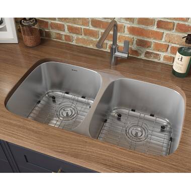 Allora USA - LD-3218 Kitchen Sink - 32 x 18 x 8 Undermount Low Divider Double Bowl 18 Gauge Stainless Steel Kitchen Sink