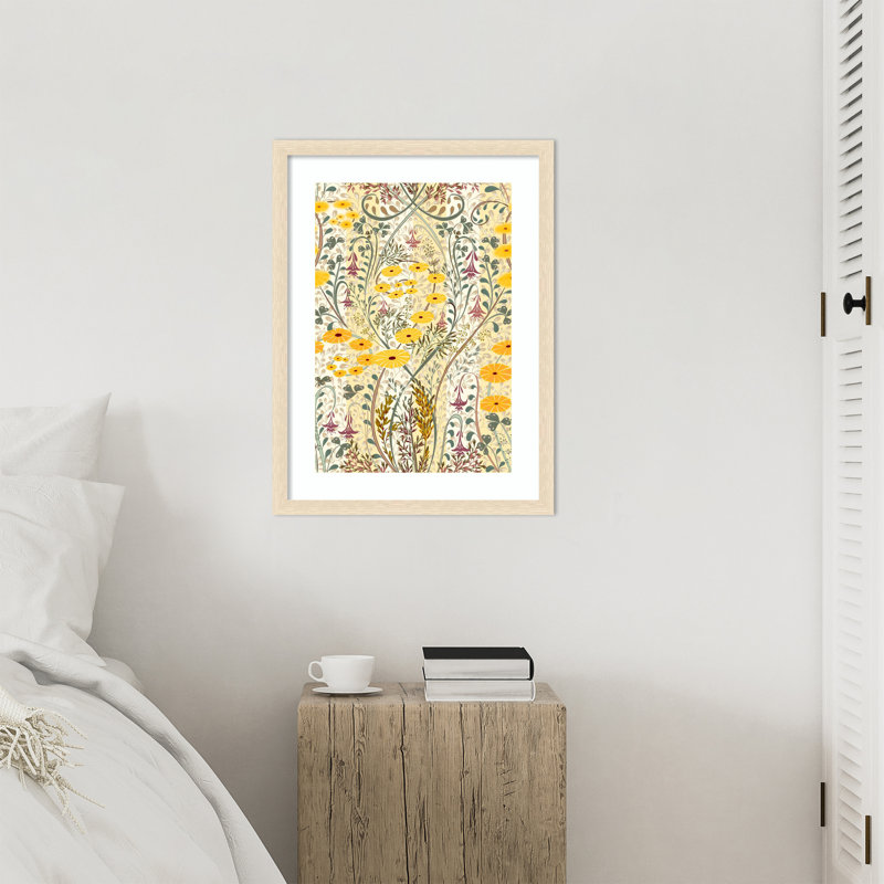 «Vibrant Botanical Pattern» par Fuselier, impression sur bois encadrée, Rayures de grain de bois blond, H 26 po x l 19 po