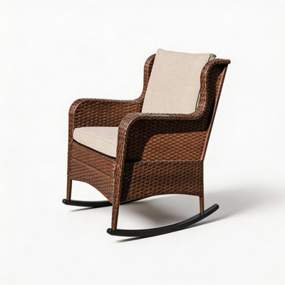 Outdoor Rattan Rocking Chair, Wicker Patio Rocker with Cushion for Porch Balcony
