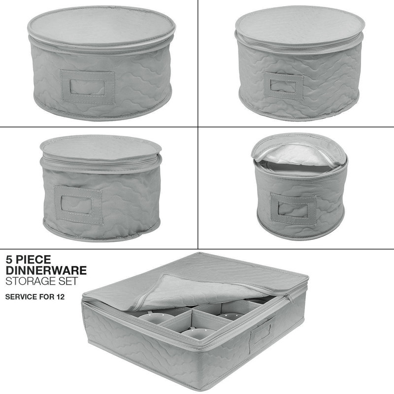 Gray Quilted Dinnerware Storage Set for Plates and Cups