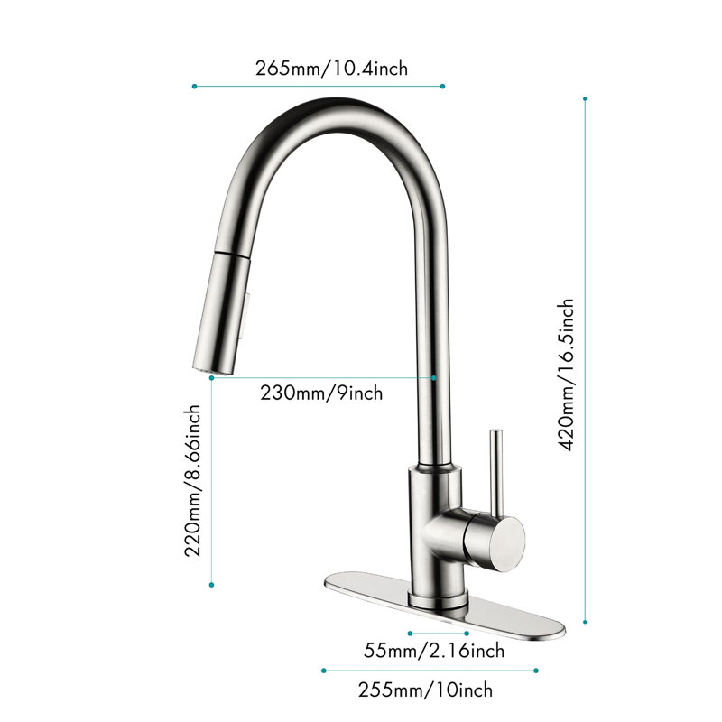 Brushed Nickel Pull Down Kitchen Faucet, Stainless Steel Blended, 360 Rotatable Nozzle, Two Water Output Options, Simple Temperature And Flow Regulation United,