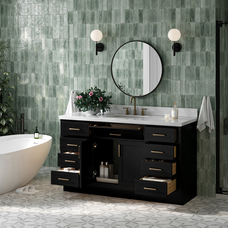 Tidworth Solid Wood Single Bathroom Vanity with 1.5'' Carrara Marble Top, Rectangular, Black Oak