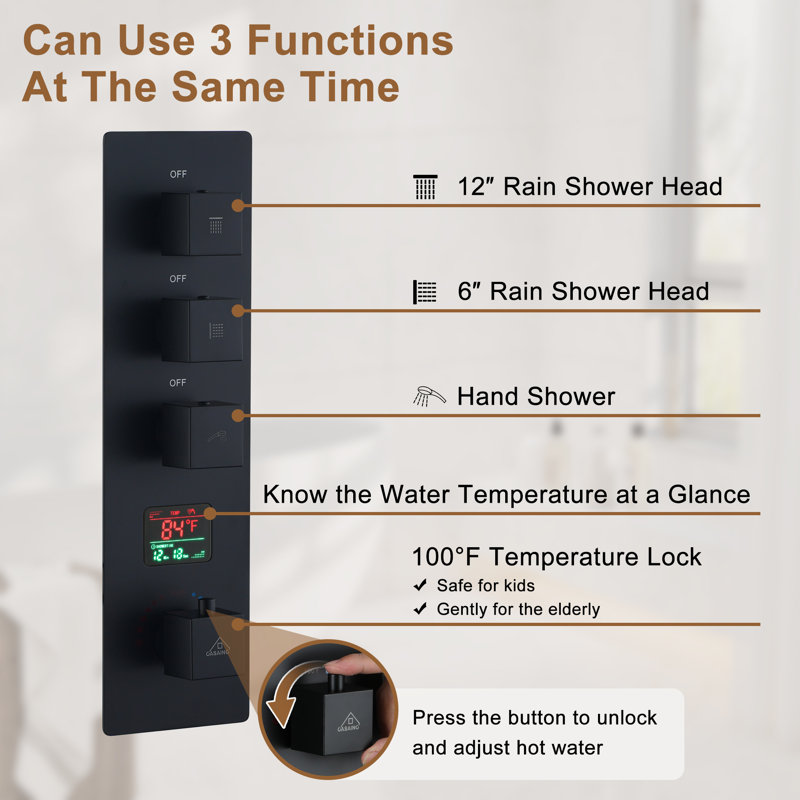 Matte Black 12" LED Rain Shower System with Bluetooth Speaker