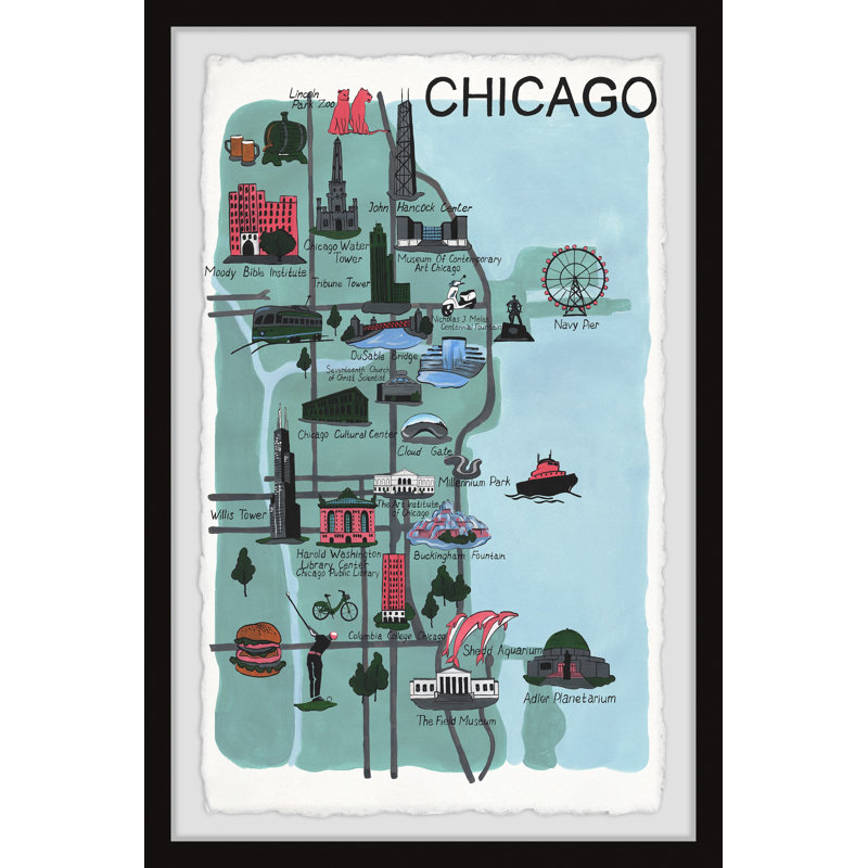 Carte illustrée de la ville de Chicago, impression encadrée sur papier, H 18 po x l 12 po x 1,5 po