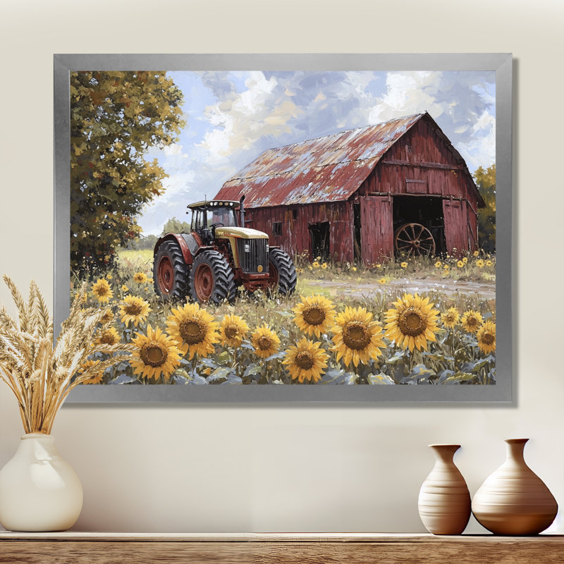 Diyora Country Side Sunflowers With Tractor Farm I - Sunflowers Wall Art, Single Picture Framed Print, Silver, 16" H x 32" W