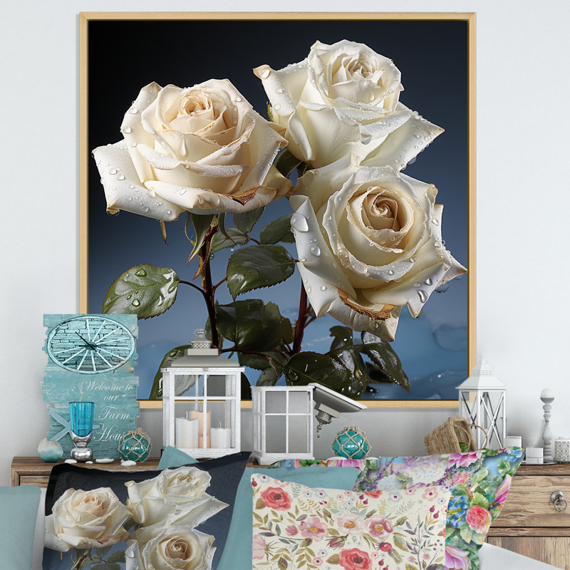 Monocrhome roses blanches en fleurs, H 16 po x l 16 po x P 1 po, Cadre naturel flottant