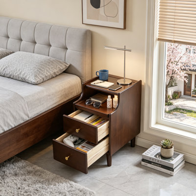 Solid Wood Nightstand with Two Drawers and Pull-out Panel for Ample Storage and Durability