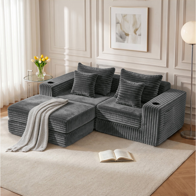 Canapé modulaire 80 po Cloud, canapé-lit en velours côtelé avec assise profonde, méridienne réversible, porte-gobelets et poches latérales, sans canapé d'assemblage, gris