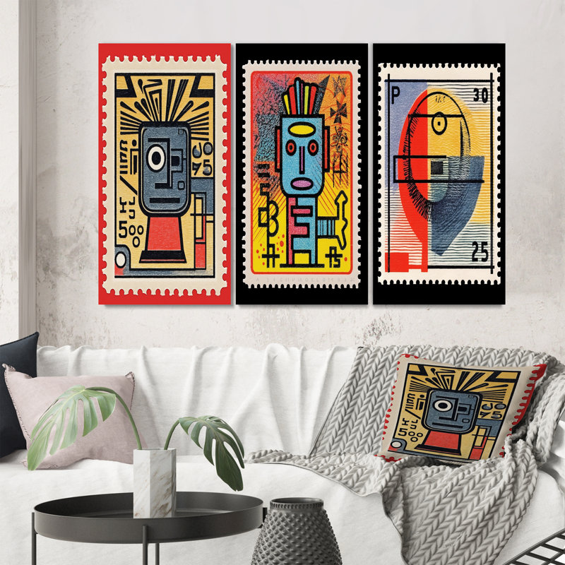 Retro Stamp Tribute To Keith I - Transitional Art Set Of 3 Pieces, Toile tendue, H 40 po x l 60 po