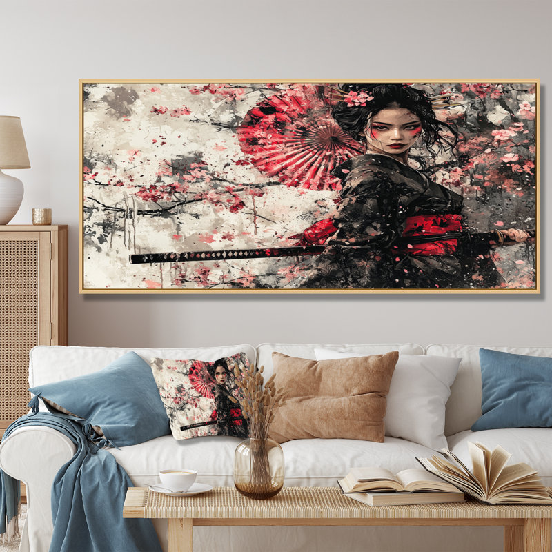 «Samurai au Japon», femme, fleur, H 28 po x l 60 po, Cadre flottant, Noir