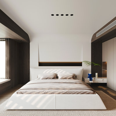 Grand lit plateforme tapissier avec tête de lit en velours de forme spéciale, structure en métal et bois massif, beige / blanc