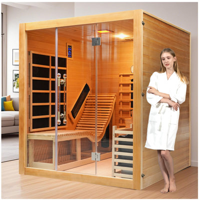 Sauna hybride infrarouge et à vapeur pour 2 personnes Hylivesaunas | avec chaises longues ergonomiques, appareils de chauffage à spectre complet, ensemble de vapeur Harvia de 6 kW et chromothérapie