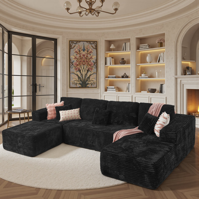 Koyu Compression Packed 6-Person Cloudelle Plush Corduroy Fabric Cloud Sectional With U-Shape Chaise,Modern Modular Sofa With Deep Seat, Upholstered Boneless Couch For Living Room Bedroom,No Assembly Required