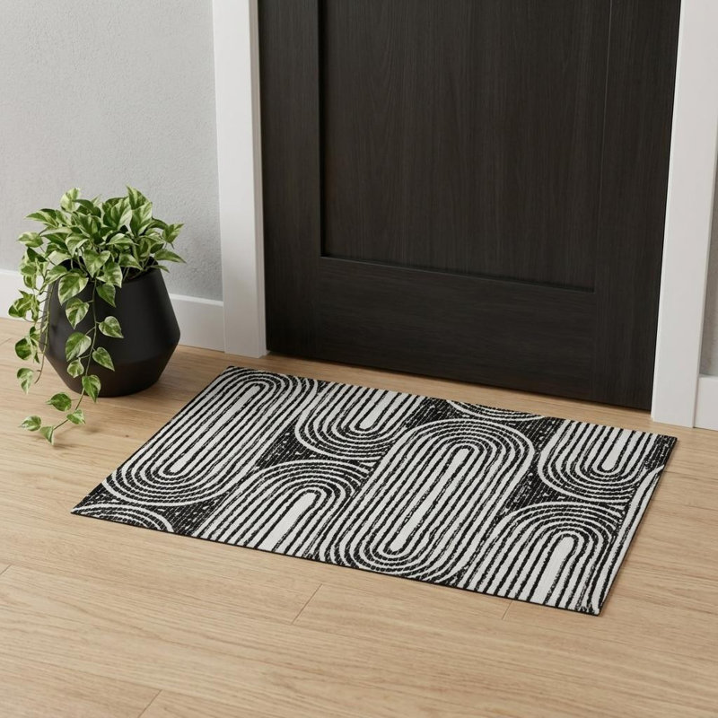 3' X 5' Black And Ivory Geometric Distressed Washable Area Rug With UV Protection